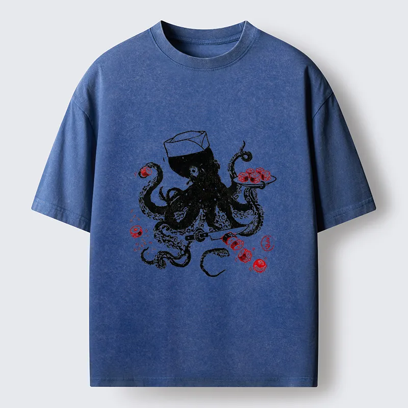 Tokyo-Tiger Octopus Making Sushi Funny Meme Washed T-Shirt