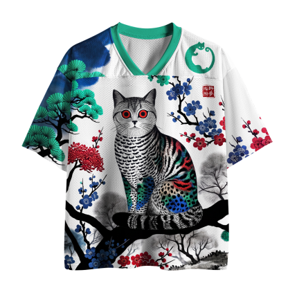 Tokyo-Tiger Vintage Ukiyo-e Plum Blossom Cat Mesh Jersey