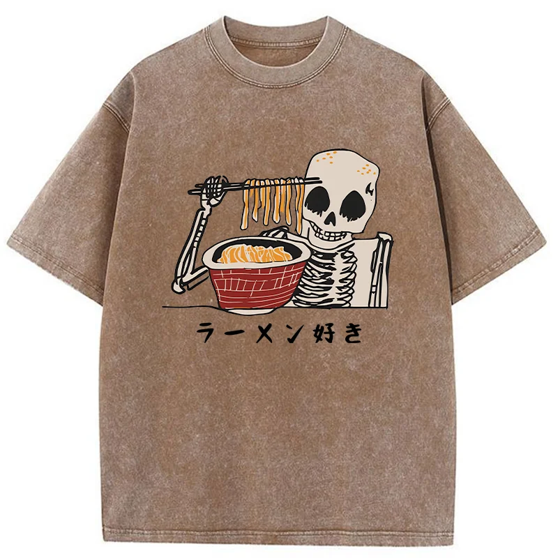 Tokyo-Tiger Skeleton Eating Ramen Washed T-Shirt