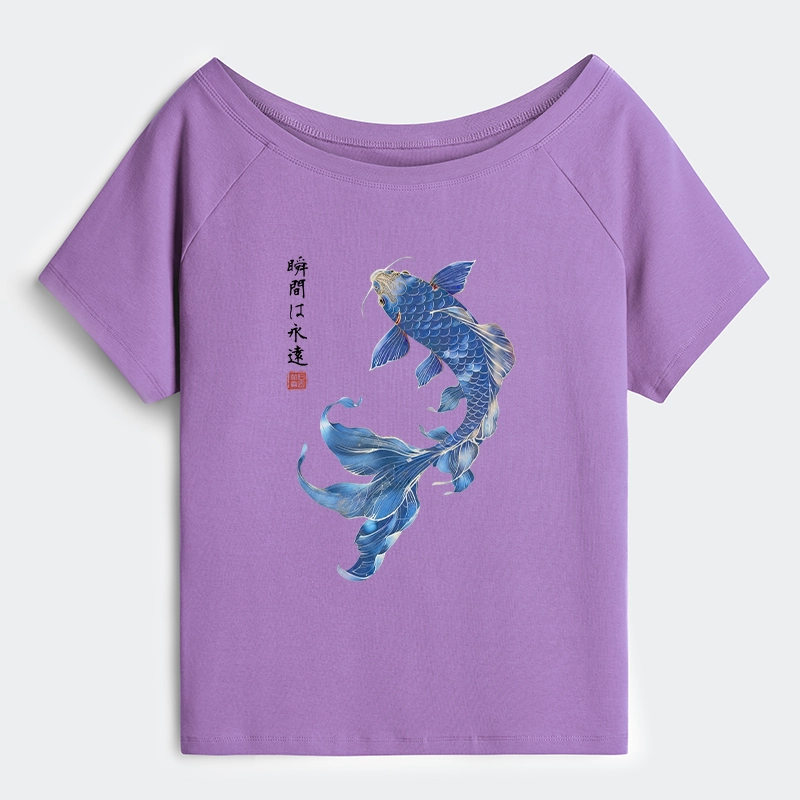 Tokyo-Tiger Lucky Blue Koi Fish Art Off Shoulder T-Shirt