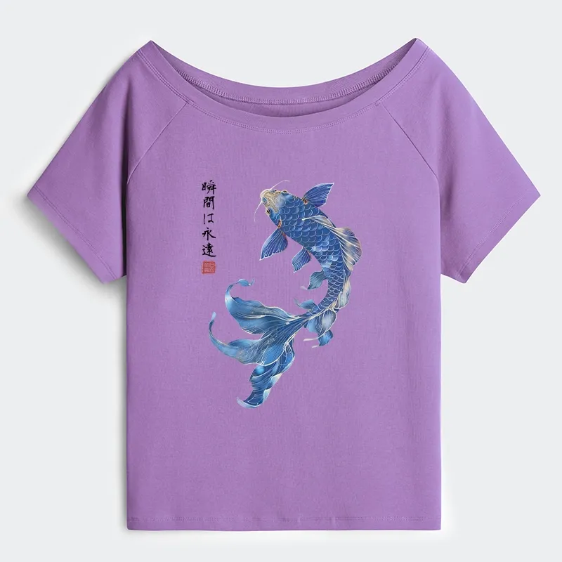 Tokyo-Tiger Lucky Blue Koi Fish Art Off Shoulder T-Shirt