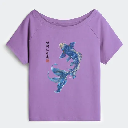 Tokyo-Tiger Lucky Blue Koi Fish Art Off Shoulder T-Shirt