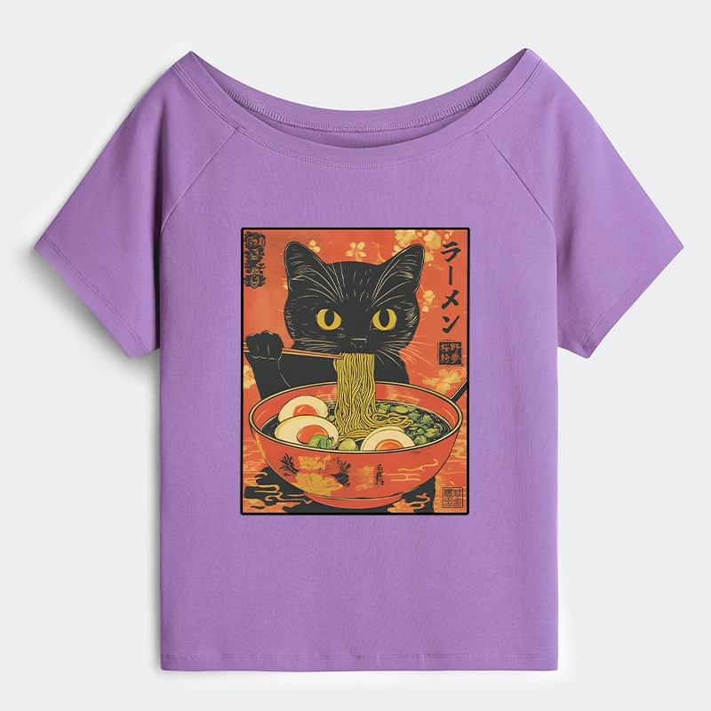 Tokyo-Tiger Hungry Black Cat Loves Ramen Off Shoulder T-Shirt