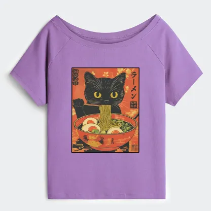 Tokyo-Tiger Hungry Black Cat Loves Ramen Off Shoulder T-Shirt