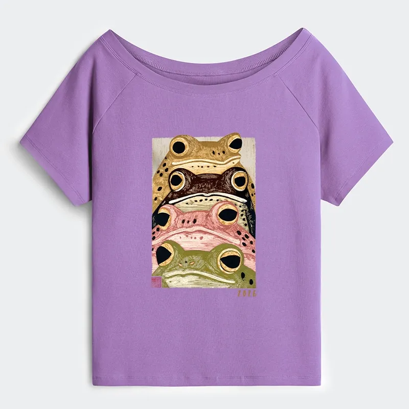 Tokyo-Tiger Whimsical Multi Colored Frog Art Off Shoulder T-Shirt