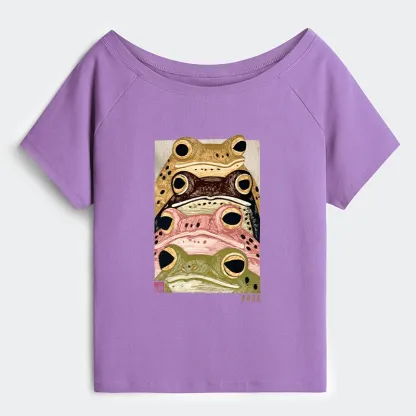Tokyo-Tiger Whimsical Multi Colored Frog Art Off Shoulder T-Shirt