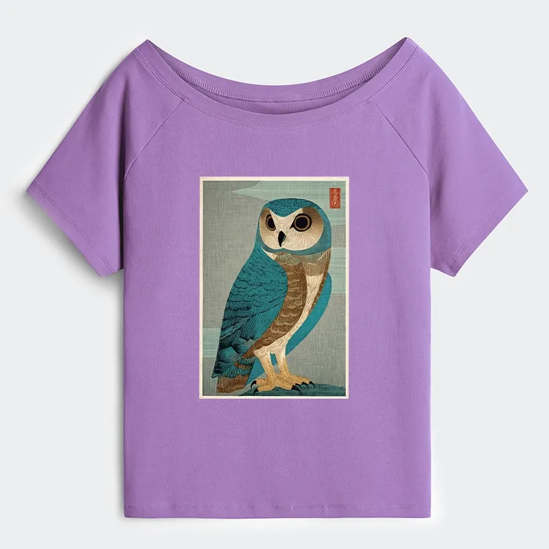 Tokyo-Tiger Vintage Owl Woodblock Art Off Shoulder T-Shirt