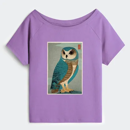 Tokyo-Tiger Vintage Owl Woodblock Art Off Shoulder T-Shirt