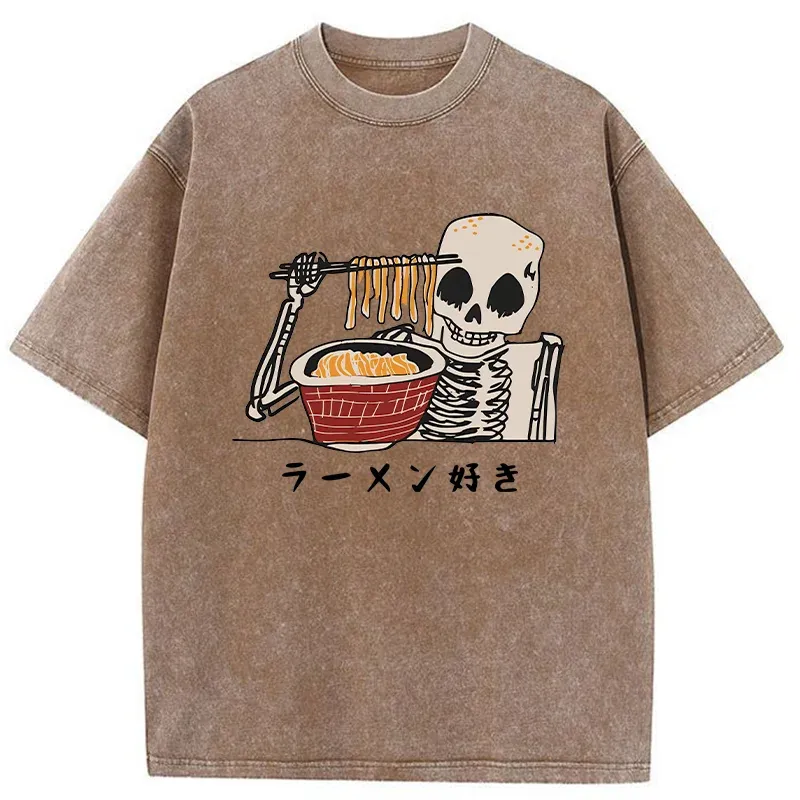 Tokyo-Tiger Skeleton Eating Ramen Washed T-Shirt