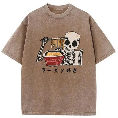 Tokyo-Tiger Skeleton Eating Ramen Washed T-Shirt