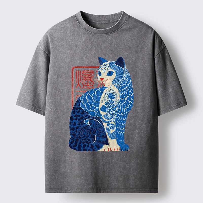 Tokyo-Tiger Blue And White Cat Print Art Washed T-Shirt