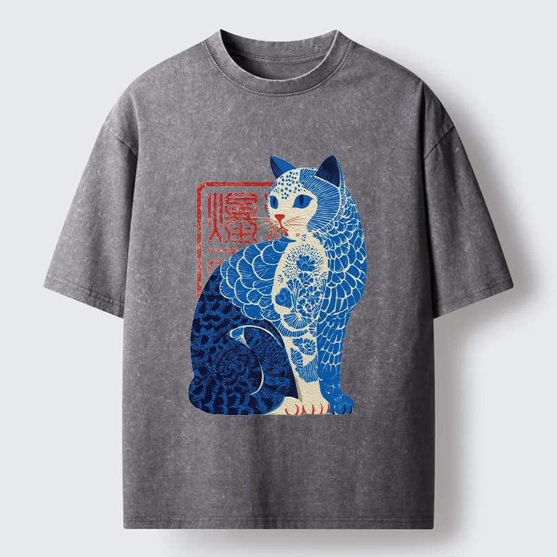 Tokyo-Tiger Blue And White Cat Print Art Washed T-Shirt