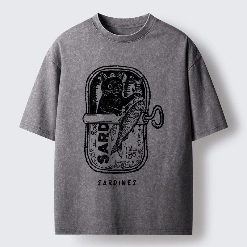 Tokyo-Tiger Black Cat Stuck In A Sardine Can Washed T-Shirt