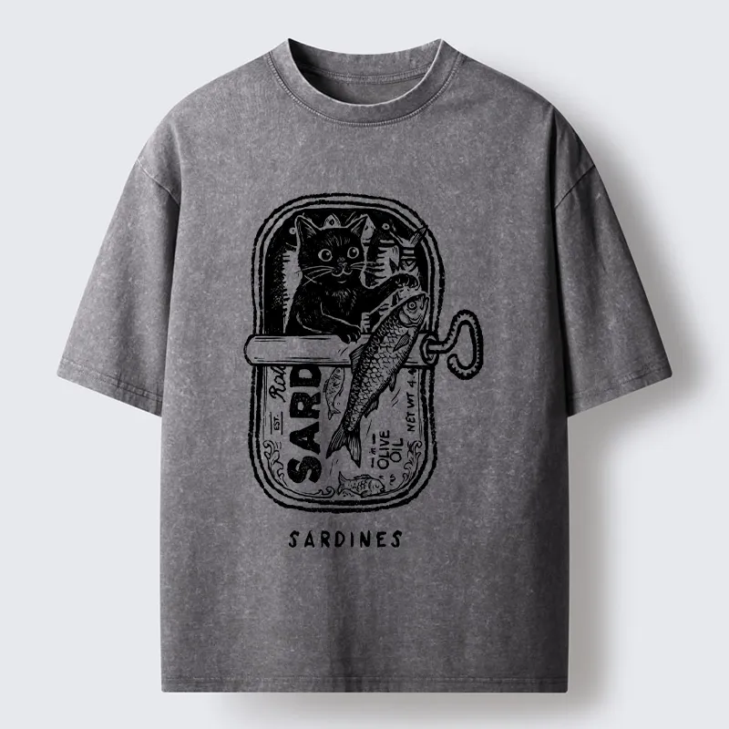 Tokyo-Tiger Black Cat Stuck In A Sardine Can Washed T-Shirt
