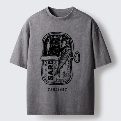 Tokyo-Tiger Black Cat Stuck In A Sardine Can Washed T-Shirt