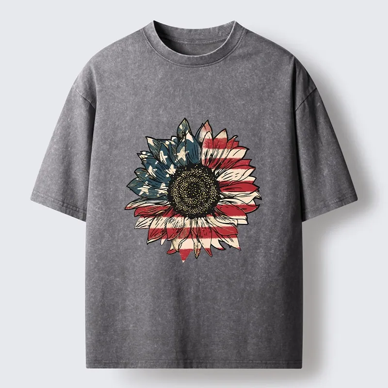 Tokyo-Tiger American Flag Sunflower Art Print Washed T-Shirt