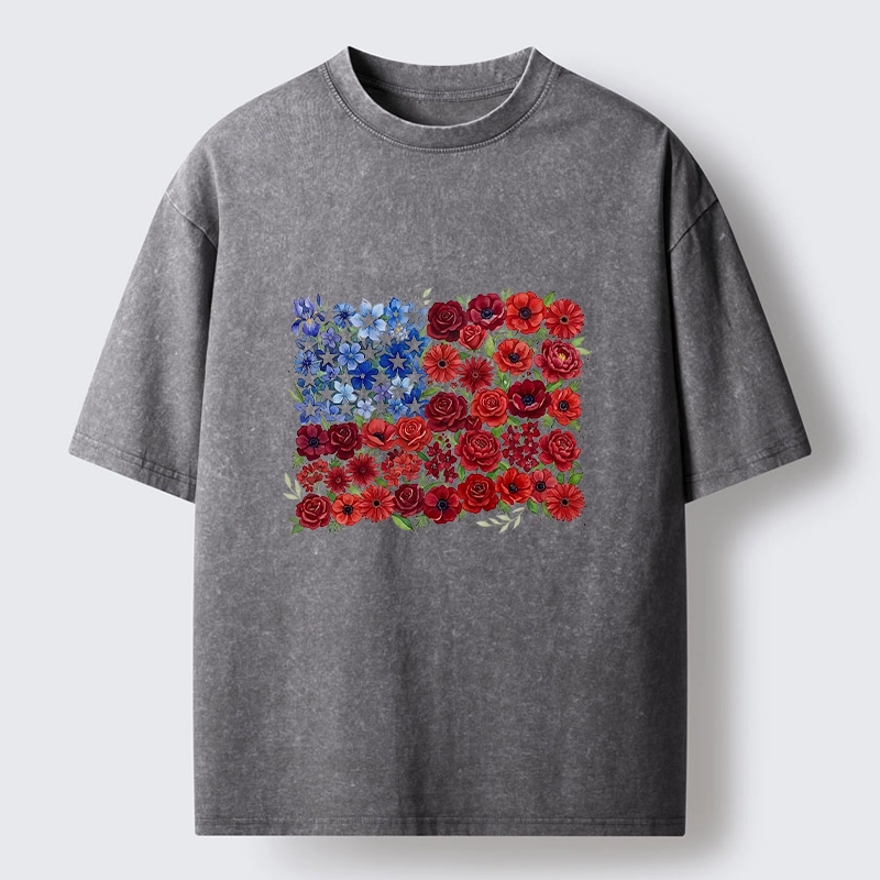 Tokyo-Tiger Floral American Flag Watercolor Art Washed T-Shirt