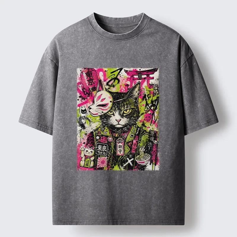 Tokyo-Tiger Funny Tokyo Street Cat Meme Art Washed T-Shirt
