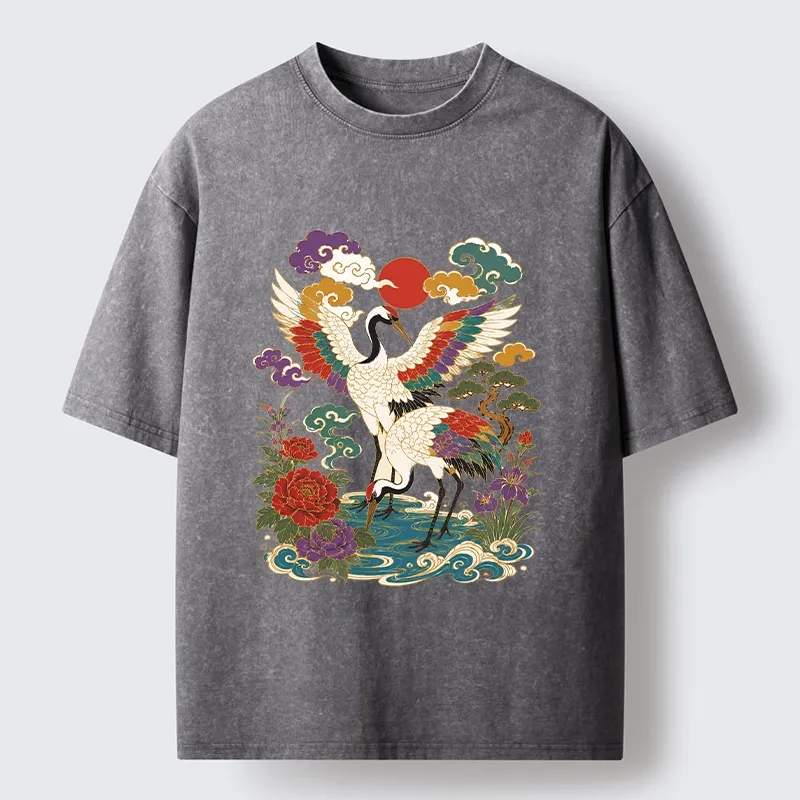 Tokyo-Tiger Traditional Japanese Cranes Art Print Washed T-Shirt Sale