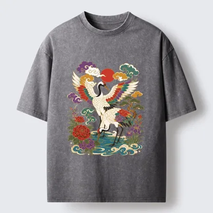 Tokyo-Tiger Traditional Japanese Cranes Art Print Washed T-Shirt