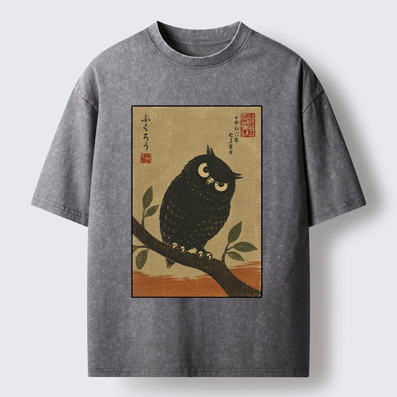 Tokyo-Tiger Traditional Black Owl Art Vibe Washed T-Shirt