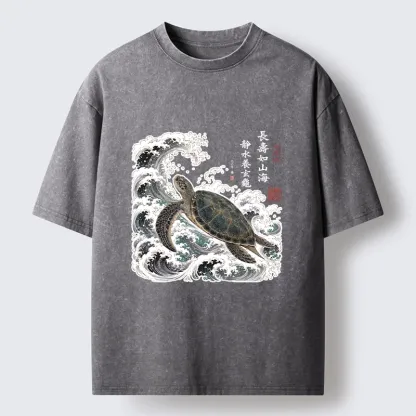 Tokyo-Tiger Lucky Turtle With Calligraphy Art Washed T-Shirt