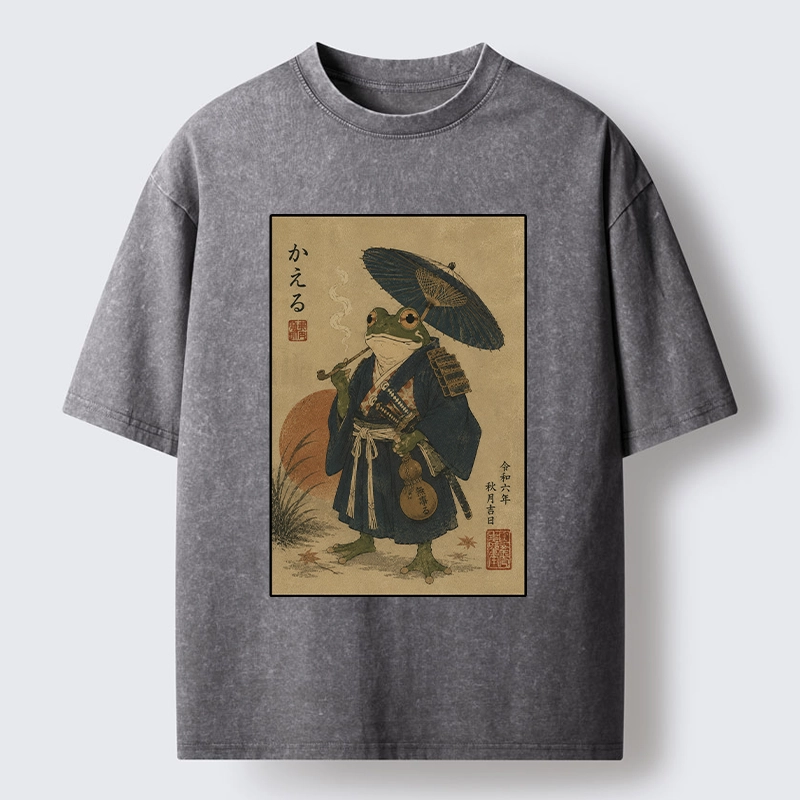 Tokyo-Tiger Cool Frog Samurai In Kimono Washed T-Shirt