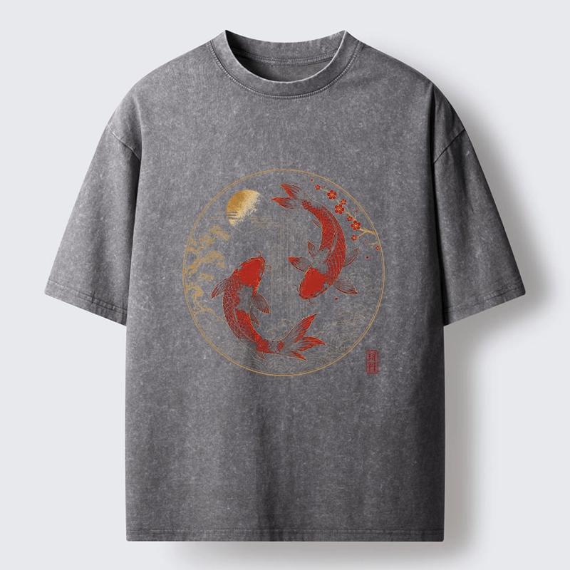 Tokyo-Tiger Lucky Koi Fish With Cherry Blossoms Washed T-Shirt