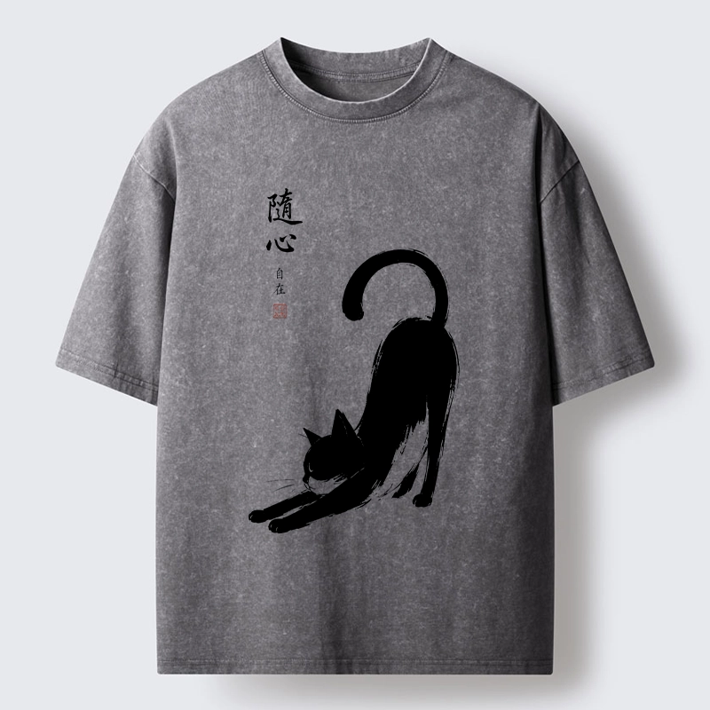 Tokyo-Tiger Zen Ink Wash Cat Stretching Art Washed T-Shirt