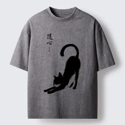 Tokyo-Tiger Zen Ink Wash Cat Stretching Art Washed T-Shirt
