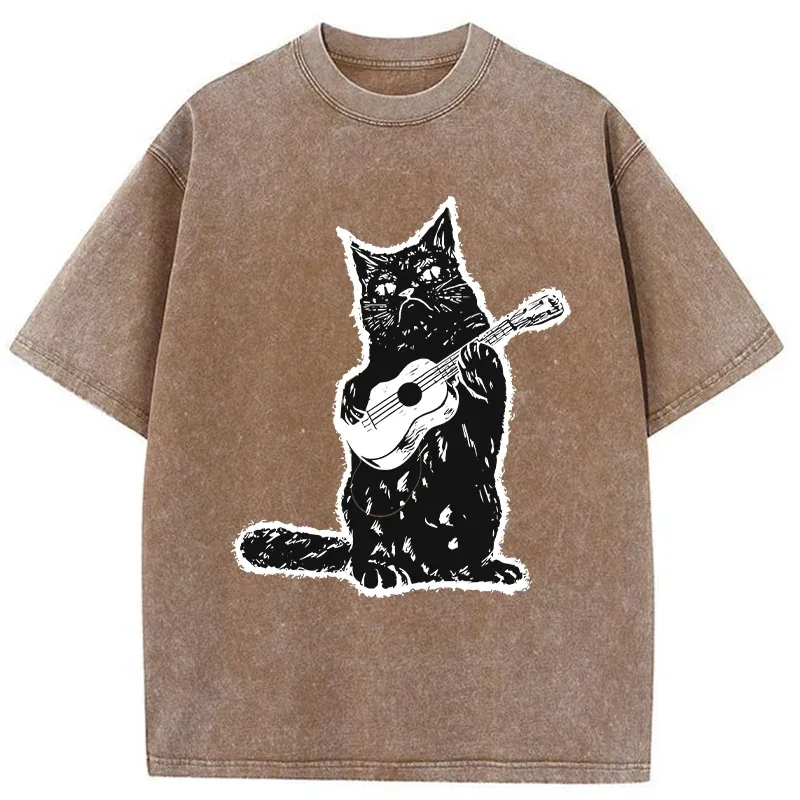 Tokyo-Tiger Cat Playing Guitar Washed T-Shirt