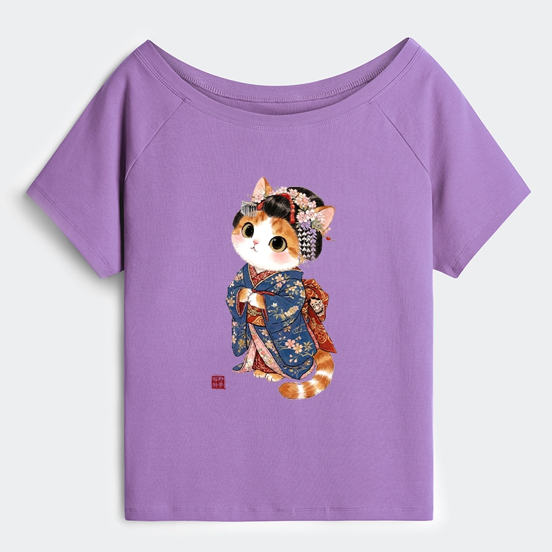 Tokyo-Tiger Cat Dressed As A Geisha Funny Off Shoulder T-Shirt