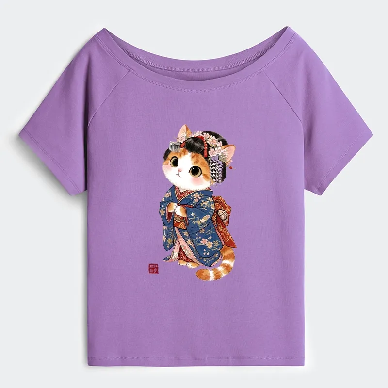 Tokyo-Tiger Cat Dressed As A Geisha Funny Off Shoulder T-Shirt