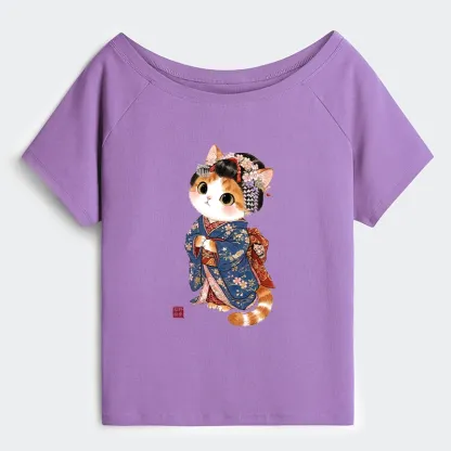 Tokyo-Tiger Cat Dressed As A Geisha Funny Off Shoulder T-Shirt