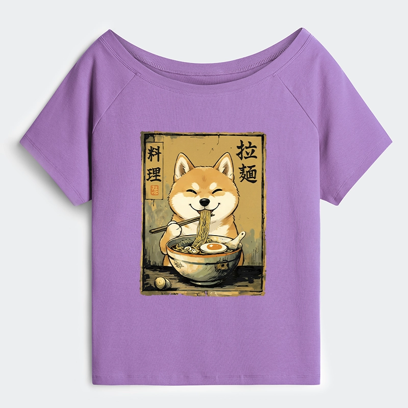 Tokyo-Tiger Happy Shiba Eating Ramen Off Shoulder T-Shirt
