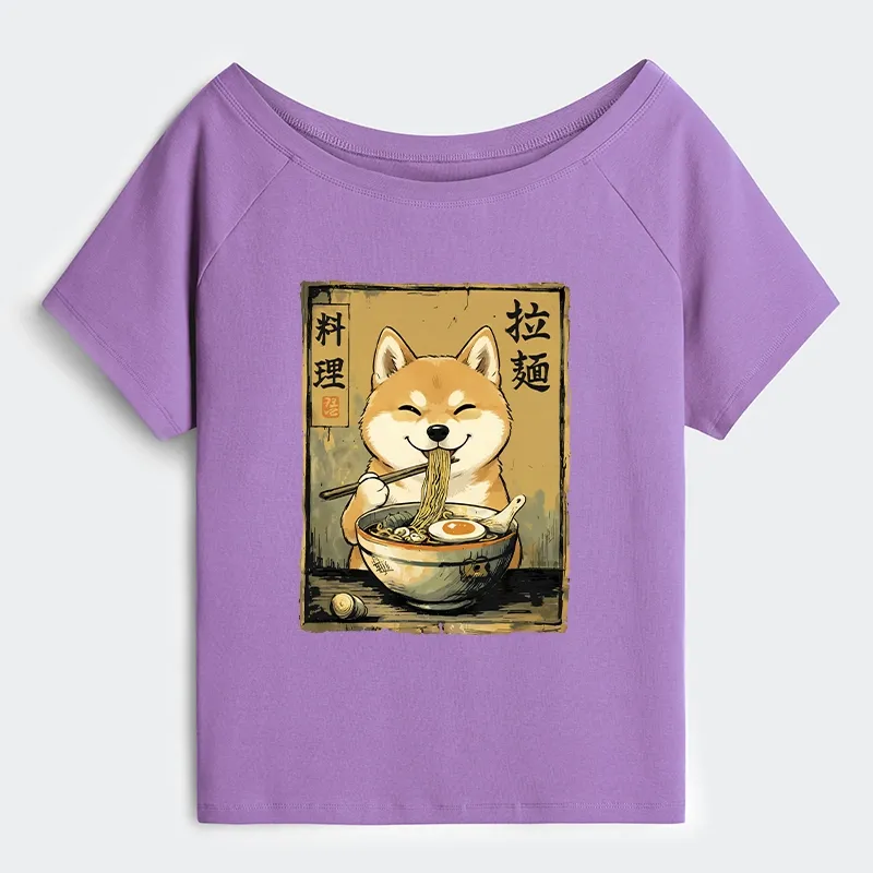 Tokyo-Tiger Happy Shiba Eating Ramen Off Shoulder T-Shirt Sale