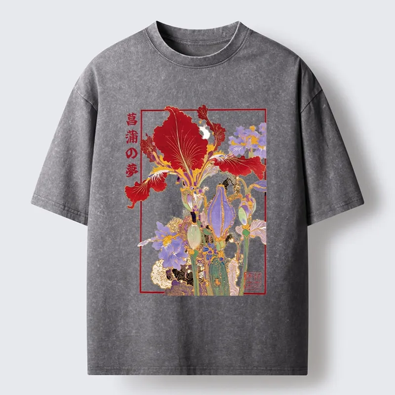 Tokyo-Tiger Antique Japanese Iris Flower Painting Washed T-Shirt