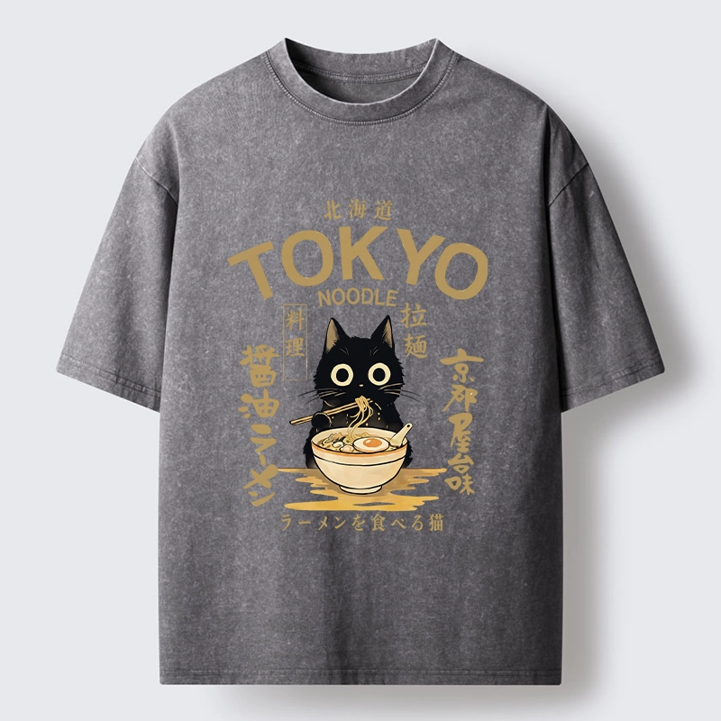Tokyo-Tiger Black Cat Enjoys Warm Ramen Bowl Washed T-Shirt