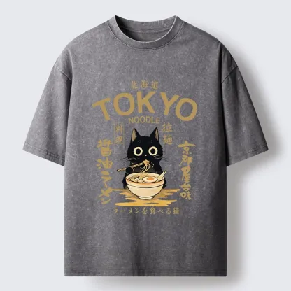 Tokyo-Tiger Black Cat Enjoys Warm Ramen Bowl Washed T-Shirt