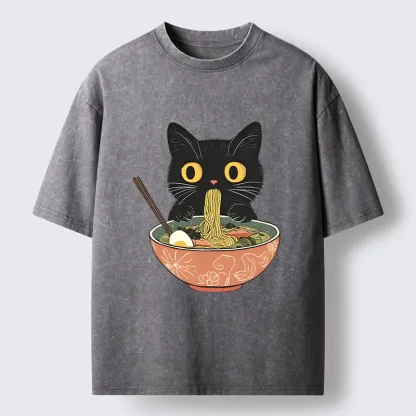 Tokyo-Tiger Black Cat Focused On Ramen Feast Washed T-Shirt