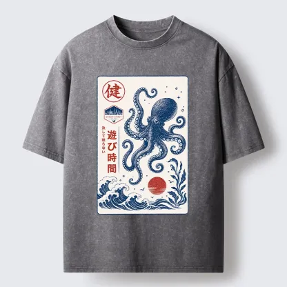Tokyo-Tiger Octopus Swims In Wild Ocean Waves Washed T-Shirt
