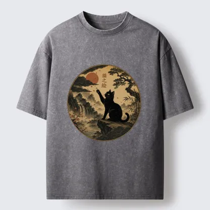 Tokyo-Tiger Serene Nature Scene Of Curious Ink Black Cat Washed T-Shirt