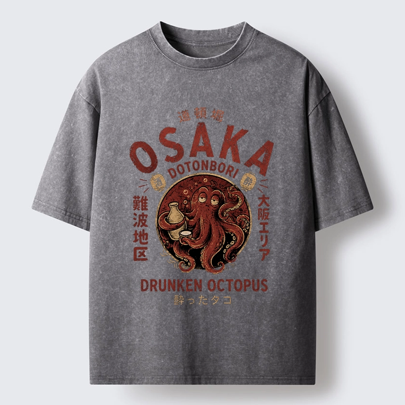 Tokyo-Tiger Osaka Artwork Of Wine Drunk Octopus Washed T-Shirt