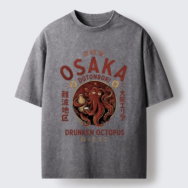 Tokyo-Tiger Osaka Artwork Of Wine Drunk Octopus Washed T-Shirt