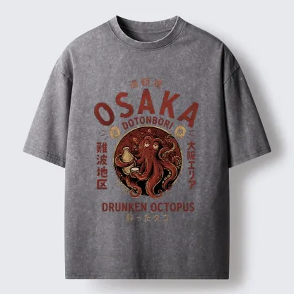 Tokyo-Tiger Osaka Artwork Of Wine Drunk Octopus Washed T-Shirt