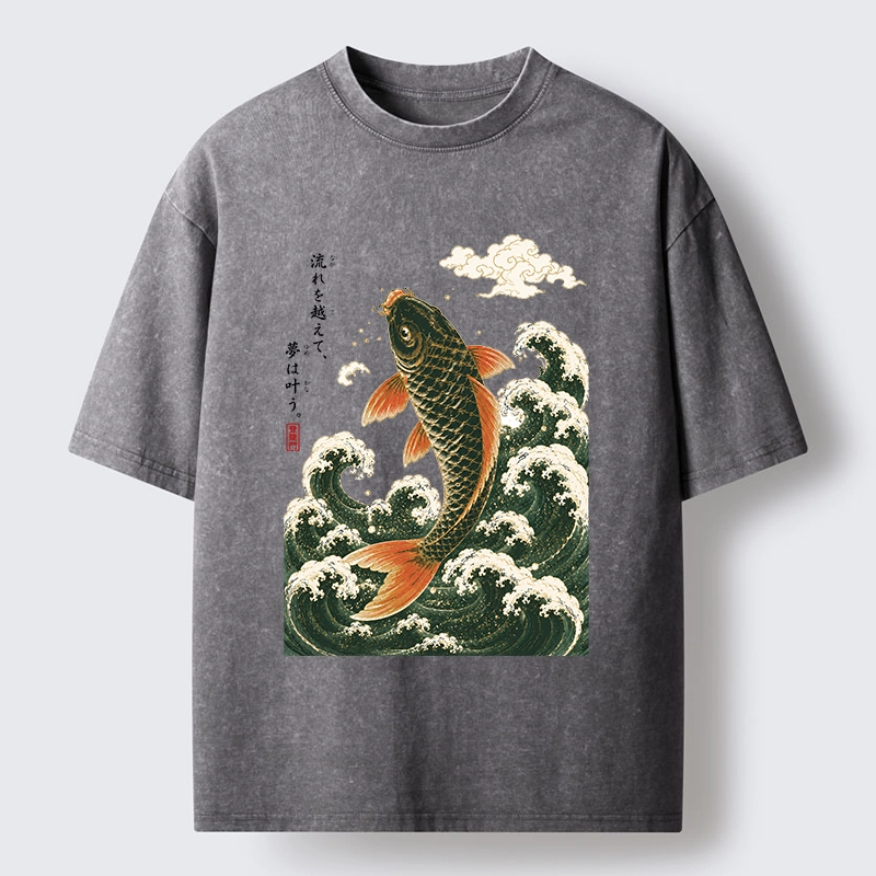 Tokyo-Tiger Japanese Koi Ascends Over Foamy Sea Waves Washed T-Shirt