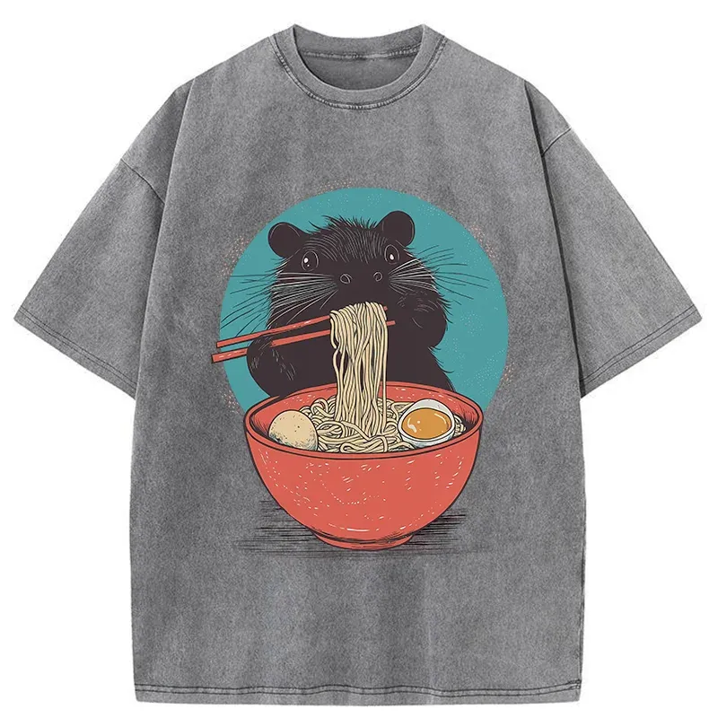Tokyo-Tiger Hamster Eating Ramen Washed T-Shirt