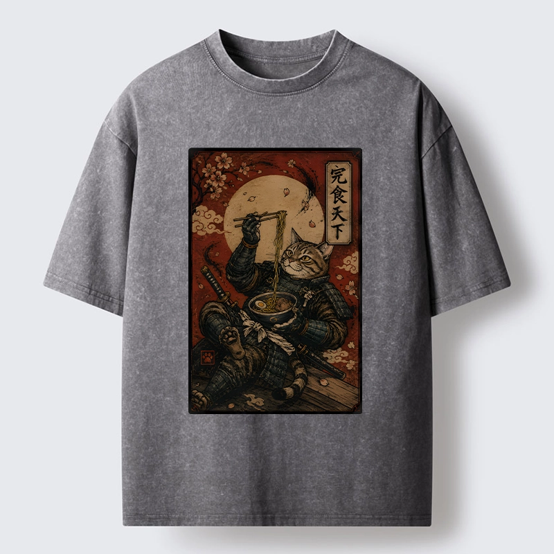 Tokyo-Tiger Bushido Cat Takes A Cozy Ramen Break Washed T-Shirt