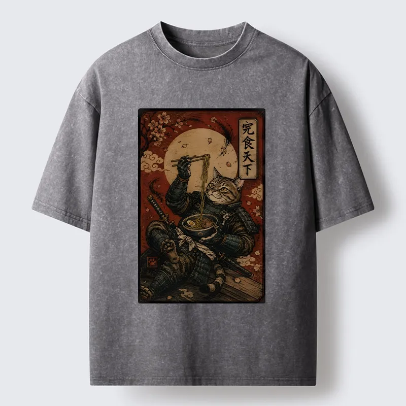 Tokyo-Tiger Bushido Cat Takes A Cozy Ramen Break Washed T-Shirt