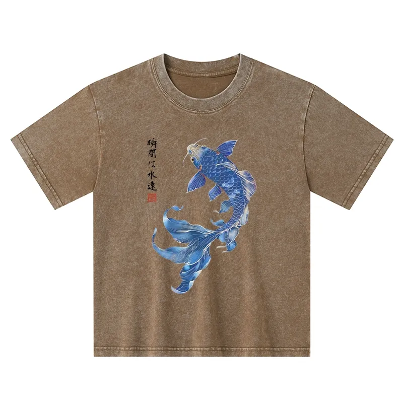 Tokyo-Tiger Lucky Blue Koi Fish Art Kids Washed T-Shirt